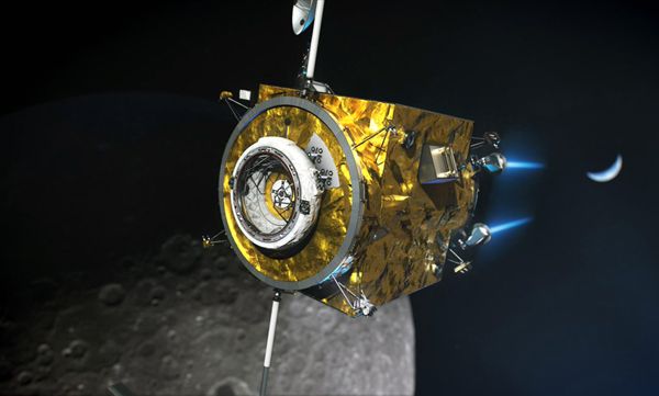 Another art concept of the power and propulsion element for NASA's lunar Gateway orbiting the Moon.