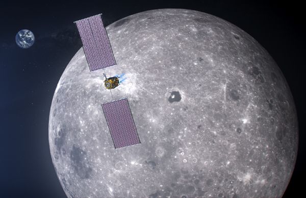 An artist's concept of the power and propulsion element for NASA's lunar Gateway orbiting the Moon.