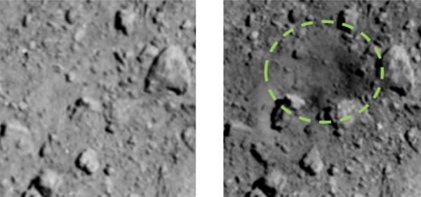 Two images of Ryugu's surface that were taken before and after the Hayabusa2 spacecraft's Small Carry-on Impactor rammed into the asteroid on April 5, 2019.
