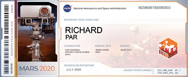 My certificate for NASA's Mars 2020 mission.