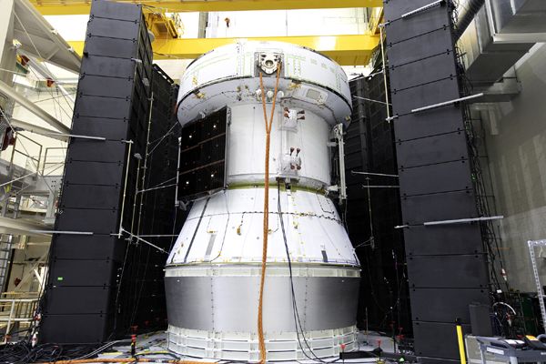 The European Service Module for the Orion EM-1 spacecraft undergoes acoustics testing at NASA's Kennedy Space Center in Florida.