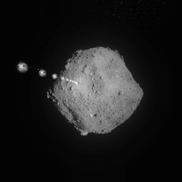 An image overlay showing one of Hayabusa2's target markers falling slowly towards the surface of asteroid Ryugu on September 16, 2019. Four of five markers that launched with Hayabusa2 in 2014 were released onto Ryugu's surface as of November 13, 2019.