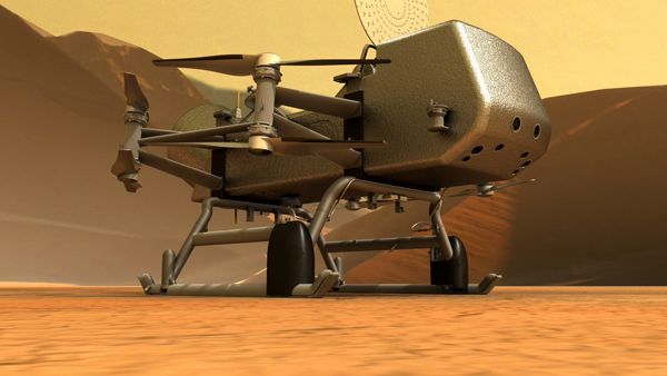An artist's concept of the Dragonfly rotorcraft on the surface of Saturn's moon Titan.