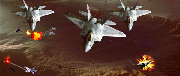 A Photoshopped image of F-22 Raptors taking part in the climactic air battle at the end of the film INDEPENDENCE DAY.