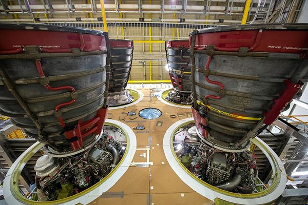 The Space Launch System's core stage booster that will fly on the Artemis 1 mission now has all four of its RS-25 engines installed...as of November 6, 2019.