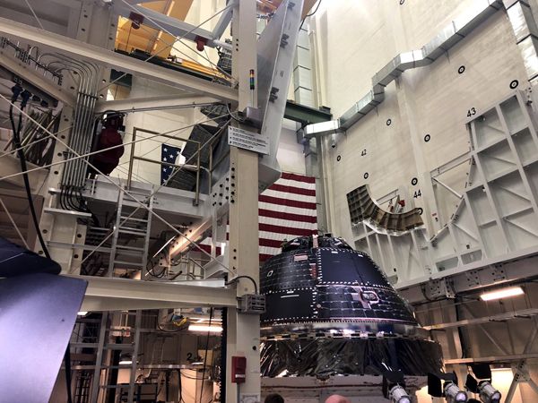 On display inside the Neil Armstrong Operations and Checkout Building at NASA's Kennedy Space Center in Florida, the Orion capsule that will fly on the Artemis 1 mission is officially declared complete on July 20, 2019...the 50th anniversary of the Apollo 11 Moon landing.