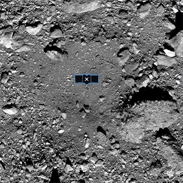 An image of the site on asteroid Bennu's surface (dubbed Nightingale) where NASA's OSIRIS-REx spacecraft will touch down to collect a soil sample in August of 2020.