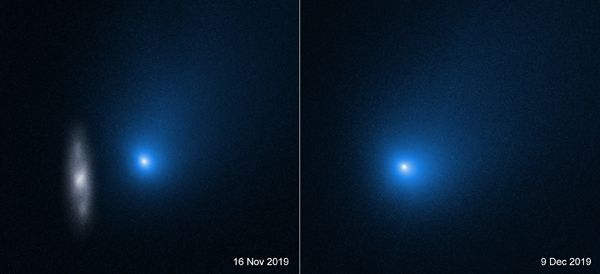 Two images of interstellar comet 2I/Borisov that were taken by NASA's Hubble Space Telescope...on November 16 (left) and December 9, 2019 (right), respectively.