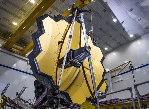 The primary mirror on NASA's James Webb Space Telescope is fully deployed during a ground test at Northrop Grumman in Redondo Beach, California.
