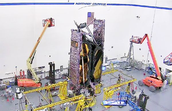 NASA's James Webb Space Telescope is placed in its launch configuration at the Northrop Grumman facility in Redondo Beach, California.