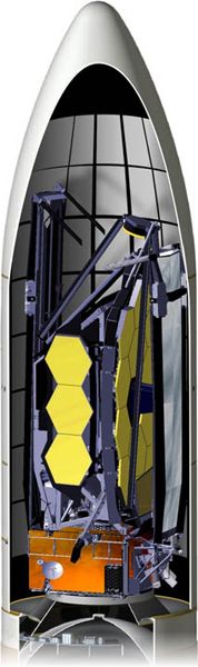 An artist's concept of how the James Webb Space Telescope will look inside the payload fairing of the Ariane 5 rocket that will launch it sometime next year.