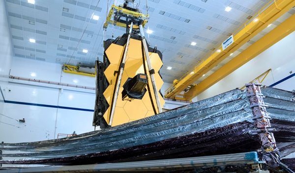 The James Webb Space Telescope's sunshield is deployed during a test inside a Northrop Grumman facility at Redondo Beach, California.