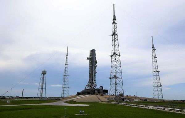 Mobile Launcher 1 arrives atop Launch Complex 39B at NASA's Kennedy Space Center in Florida on June 28, 2019...for a three-month-long series of tests.