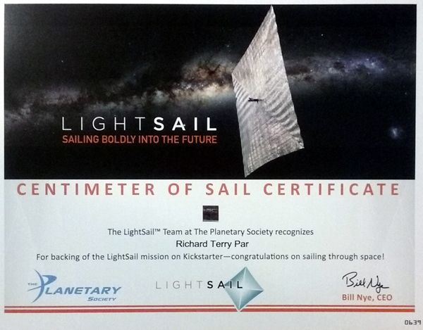 My certificate for supporting the LightSail 2 mission through Kickstarter.