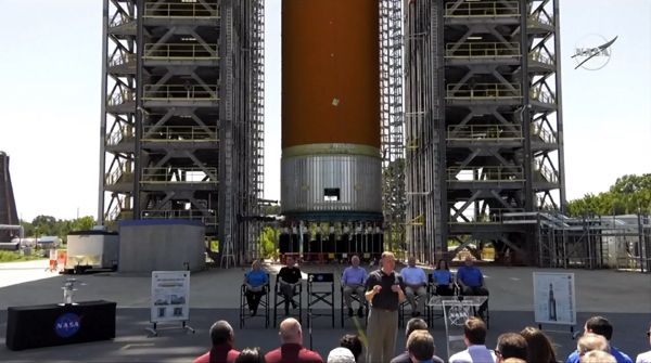 NASA Adminstrator Jim Bridenstine speaks in front of the structural test article for the Space Launch System's liquid hydrogen fuel tank at the Marshall Space Flight Center in Huntsville, Alabama...on August 16, 2019.