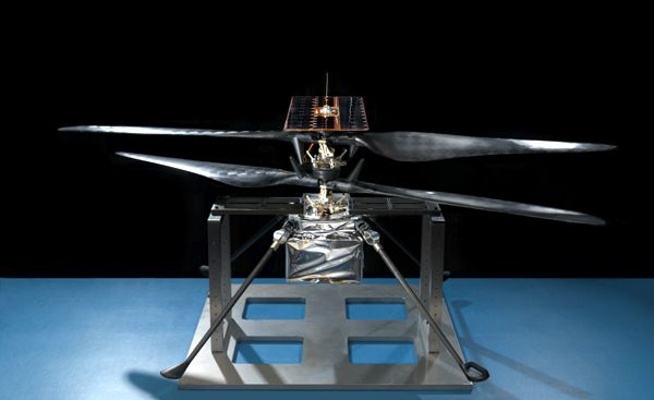 An image of the Mars Helicopter flight model...taken inside a cleanroom at NASA's Jet Propulsion Laboratory near Pasadena, California on February 14, 2019.
