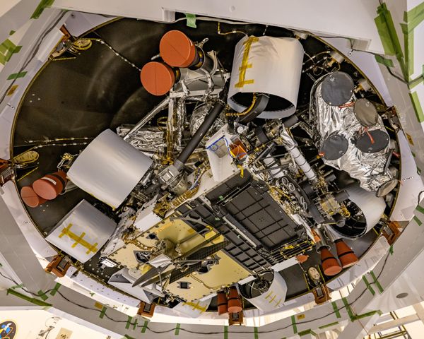 The Ingenuity Mars helicopter is visible on the underside of the Perseverance rover...which, along with its descent stage, are now attached to their back shell at NASA's Kennedy Space Center in Florida.