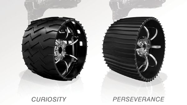 An image comparing the wheel of the Curiosity Mars rover to that of Perseverance.