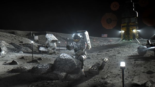 An artist's concept of two astronauts working on the surface of the Moon.