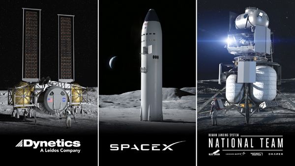 Artist concepts of the human landing systems that will be built by Dynetics, SpaceX and Blue Origin, respectively.
