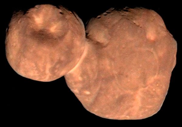 A high-resolution image of the Kuiper Belt object Arrokoth that was taken by NASA's New Horizons spacecraft from 4,109 miles (6,628 kilometers) away...on January 1, 2019.
