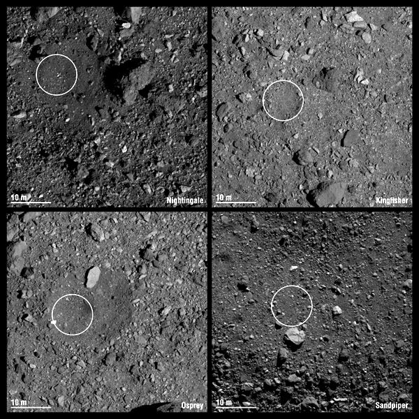 Images taken by OSIRIS-REx showing four site candidates in which one will be where the NASA spacecraft extracts samples from asteroid Bennu's surface late next year.