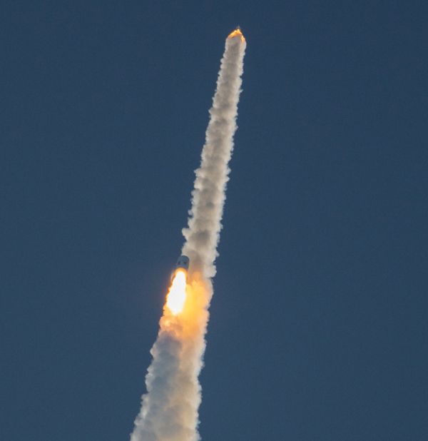 The launch abort system carrying an Orion mass simulator rockets away from the modified Peacekeeper missile during the Ascent Abort-2 test from Cape Canaveral Air Force Station in Florida...on July 2, 2019.