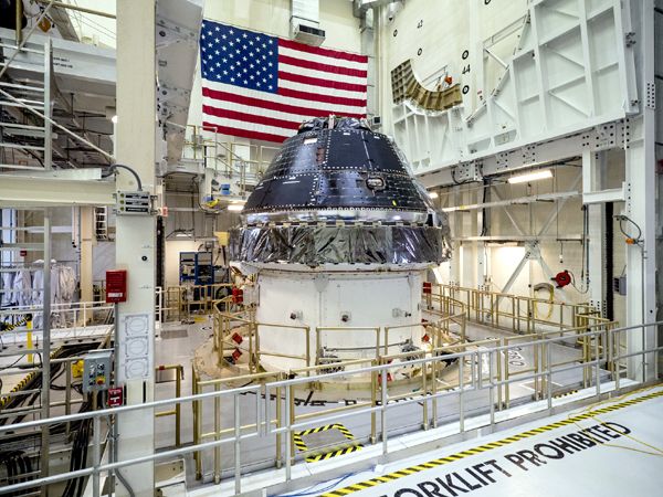 The Orion spacecraft that will fly on the Artemis 1 mission is on display at NASA's Kennedy Space Center in Florida.