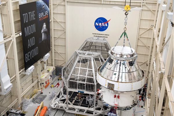 The Orion spacecraft that will fly on the Artemis 1 mission is readied for its move into the vacuum chamber at NASA's Plum Brook Station in Ohio.