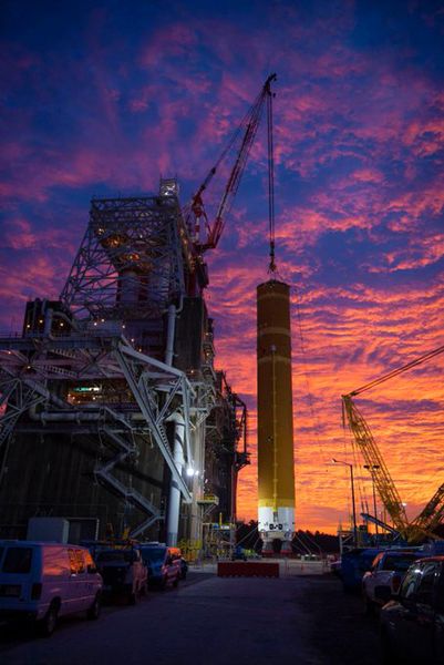 The Space Launch System's core stage booster is prepped for installation inside the B-2 Test Stand at NASA's Stennis Space Center in Mississippi...during a process that took place on January 21 and 22, 2020.