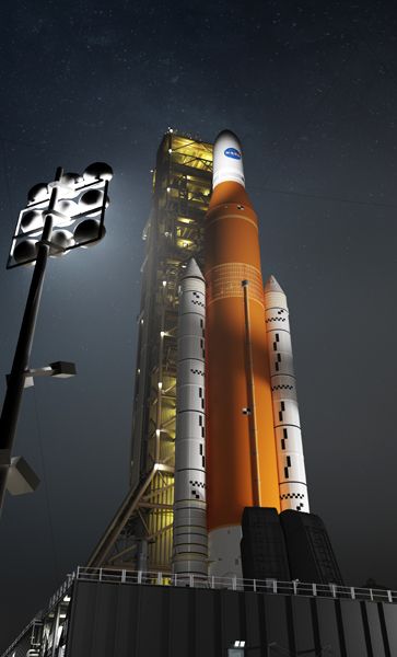 An artist's concept of the Block 1 version of the Space Launch System rocket on the pad at NASA's Kennedy Space Center in Florida.
