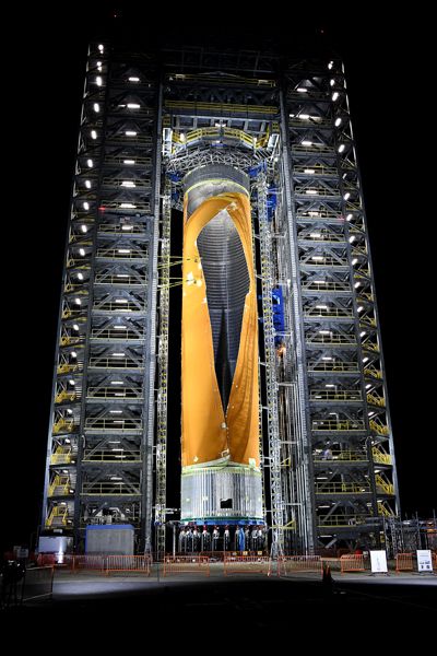 A full-scale replica of the Space Launch System's liquid hydrogen fuel tank after it intentionally ruptured during a test at NASA's Marshall Space Flight Center in Alabama.