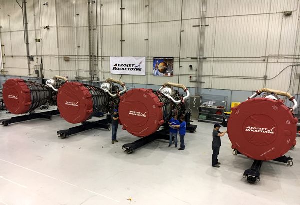 At NASA's Michoud Assembly Facility in New Orleans, Louisiana, engineers tend to the four RS-25 engines that will fly on the Space Launch System during the Artemis 1 mission.
