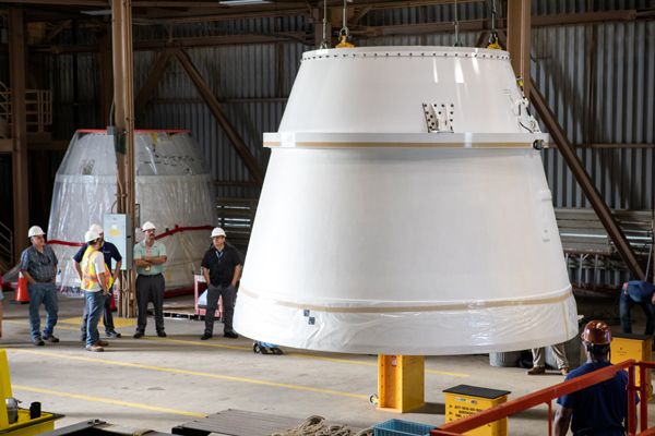 The two solid rocket booster aft exit cones that will fly aboard the Space Launch System on Artemis 1 arrives at NASA's Kennedy Space Center in Florida.