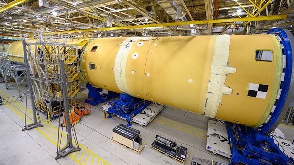 The Space Launch System's core stage booster is 80% complete inside NASA's Michoud Assembly Facility in New Orleans, Louisiana.