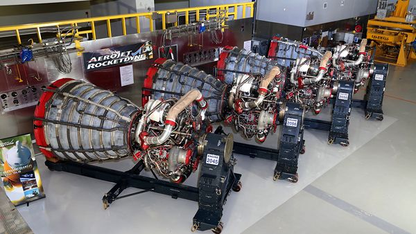 The four RS-25 engines that will fly with the first Space Launch System rocket on the Artemis 1 mission are placed in storage at NASA's Stennis Space Center in Mississippi.