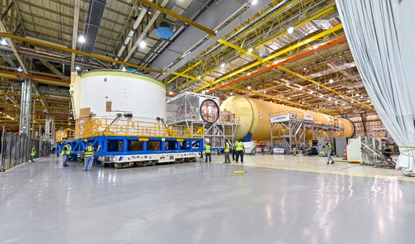 Engineers at NASA's Michoud Assembly Facility in New Orleans, Louisiana prepare the engine section for its eventual mating to the rest of the Space Launch System's core stage booster.