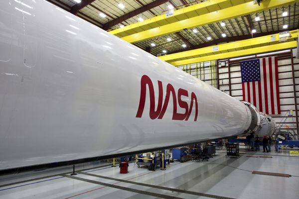 The NASA 'worm' is painted on the side of the SpaceX Falcon 9 rocket that will launch the crewed Demo-2 mission to the International Space Station next month.