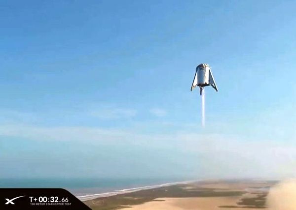 SpaceX's Starhopper prototype vehicle reaches an altitude of 150 meters (almost 500 feet) during its flight test above Boca Chica, Texas...on August 27, 2019.