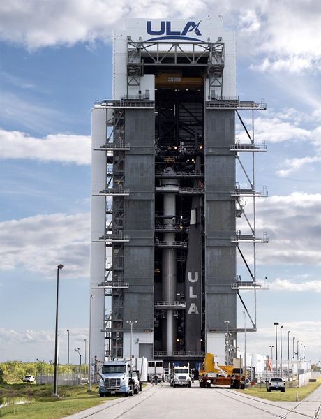At Cape Canaveral Air Force Station's Space Launch Complex-41 in Florida, the Starliner spacecraft and Atlas V rocket that will launch the capsule into low-Earth orbit next month stand tall inside the Vertical Integration Facility.