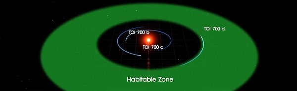 An artist's concept of three exoplanets orbiting within the TOI 700 star system.