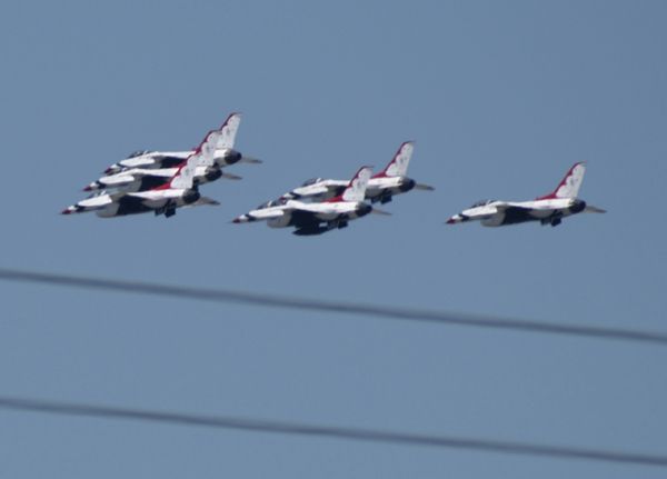 A snapshot of the U.S. Air Force's Thunderbirds as they flew over the City of Industry in California...on May 15, 2020.