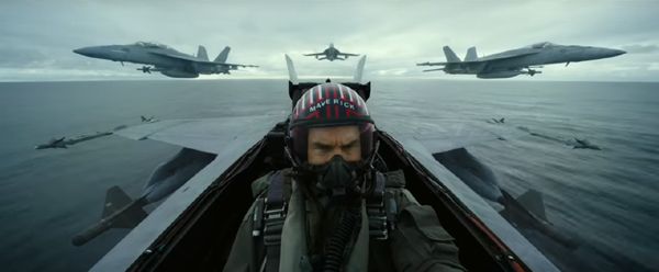 Maverick leads a squadron of F/A-18 Hornets across the ocean in TOP GUN: MAVERICK.