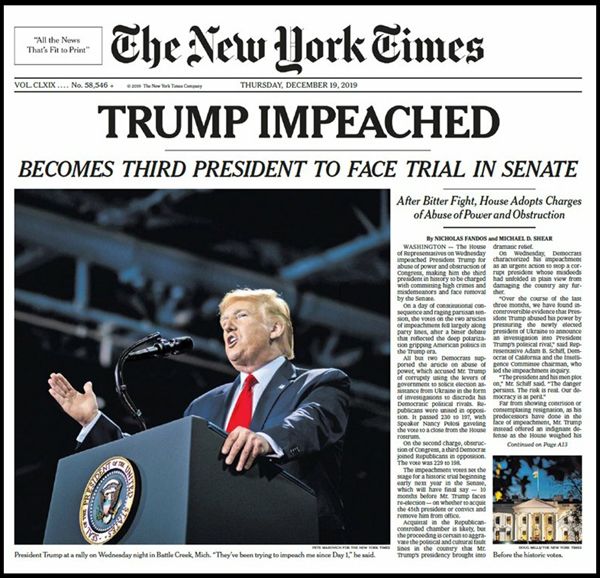 The New York Time's front page article on Donald Trump's impeachment...for December 19, 2019.