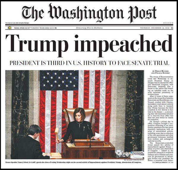 The Washington Post's front page article on Donald Trump's impeachment...for December 19, 2019.