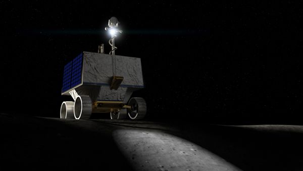 An artist's concept of NASA's VIPER rover on the surface of the Moon.