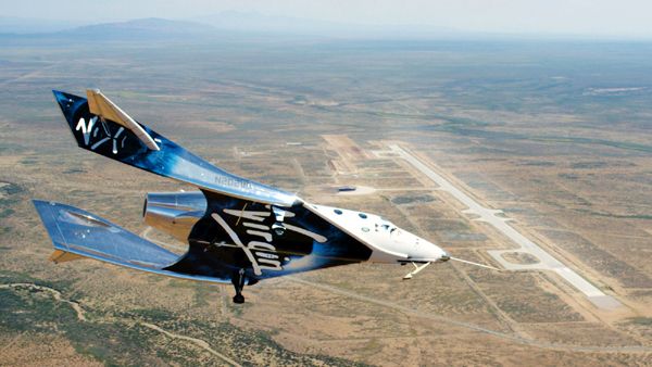 VSS Unity approaches the runway at New Mexico's Spaceport America after conducting a successful glide test.