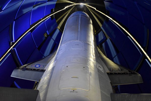 The X-37B Orbital Test Vehicle is about to be encapsulated by the payload fairing of the Atlas V rocket that will launch it into space on May 16, 2020.