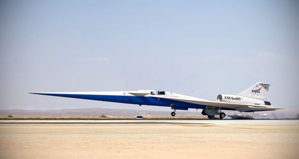 An artist's concept of NASA's X-59 QueSST aircraft landing at Edwards Air Force Base in California.
