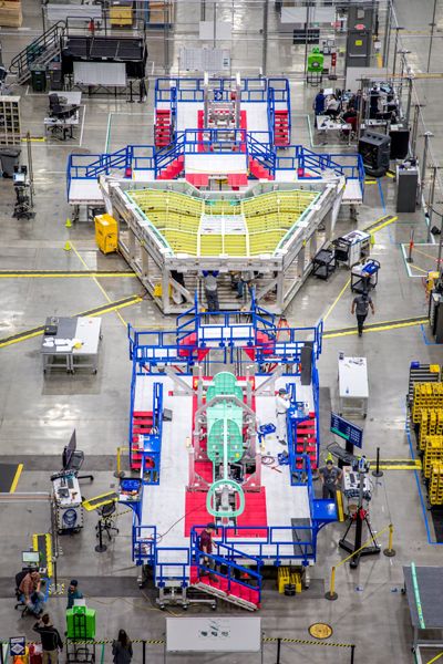 Different parts of the X-59's main fuselage begin to take shape at Lockheed Martin's Skunk Works factory in Palmdale, California.
